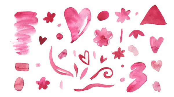 Set Watercolor Pink Abstract Texture Illustrations Valentine Day White Isolated — 图库照片