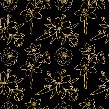 Seamless vector pattern with golden cherry blossoms on a black background. Simple, abstract print with spring flowers in doodle style. Design for textile, packaging, fabric, wrapping paper, scrapbook