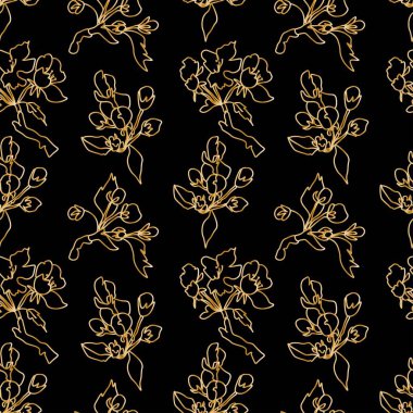 Seamless vector pattern with golden cherry blossoms on a black background. Simple, abstract print with spring flowers in doodle style. Design for textile, packaging, fabric, wrapping paper, scrapbook