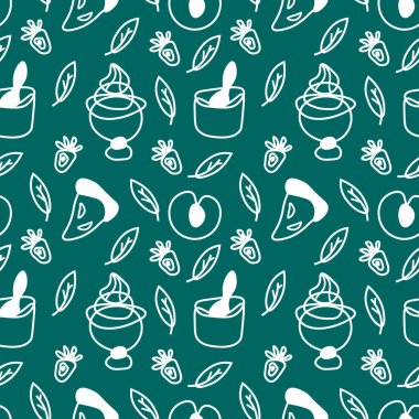 Seamless vector pattern with cooking with white line on trendy green background.Simple,abstract,minimalist print with doodle style kitchen.Design for textile,packaging,fabric,wrapping paper,scrapbook