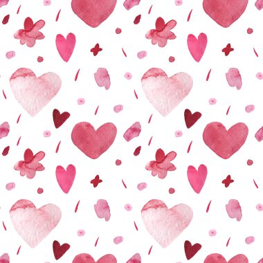 Beyaz izole edilmiş arka planda suluboya kusursuz pembe sevgililer günü deseni. Yapılı, soyut, şenlikli, lekeli elle boyanmış. Paket kağıdı, kumaş ve tekstil tasarımları.