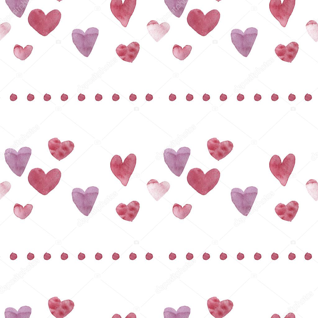 Watercolor seamless pink Valentine's Day pattern on white isolated background. Textured, abstract, festive, repeating with blotches hand painted print. Designs for wrapping paper, fabric, textiles.