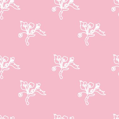 Pembe arka planda sakura olan kusursuz bir model. Bahar, botanik, çiçekli, şenlikli el yazısı. Paket kağıdı, tekstil, kumaş, duvar kağıdı, ambalaj için tasarım..