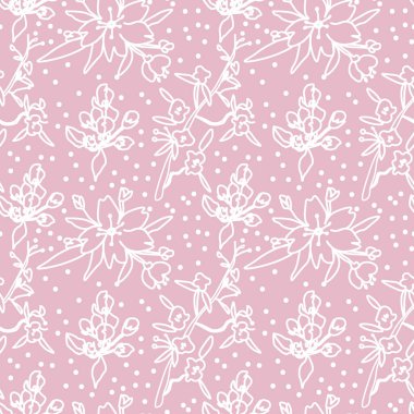 Pembe arka planda sakura olan kusursuz bir model. Bahar, botanik, çiçekli, şenlikli el yazısı. Paket kağıdı, tekstil, kumaş, duvar kağıdı, ambalaj için tasarım..