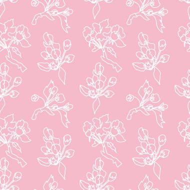 Pembe arka planda sakura olan kusursuz bir model. Bahar, botanik, çiçekli, şenlikli el yazısı. Paket kağıdı, tekstil, kumaş, duvar kağıdı, ambalaj için tasarım..