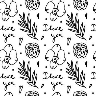 Beyaz arka planda siyah çizgisi olan kusursuz Sevgililer Günü deseni. Bahar, botanik, çiçekli, şenlikli el yazısı. Paket kağıdı, tekstil, kumaş, duvar kağıdı, ambalaj için tasarım..