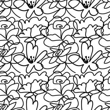 Beyaz arka planda siyah çizgisi olan kusursuz Sevgililer Günü deseni. Bahar, botanik, çiçekli, şenlikli el yazısı. Paket kağıdı, tekstil, kumaş, duvar kağıdı, ambalaj için tasarım..