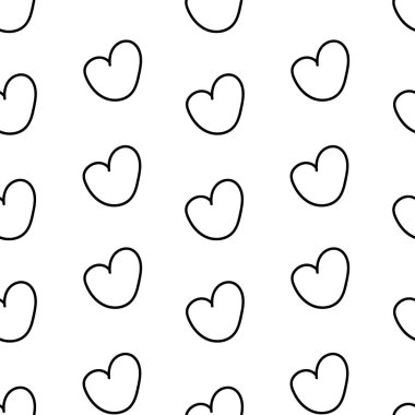 Beyaz arka planda siyah çizgisi olan kusursuz Sevgililer Günü deseni. Bahar, botanik, çiçekli, şenlikli el yazısı. Paket kağıdı, tekstil, kumaş, duvar kağıdı, ambalaj için tasarım..