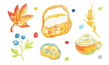 Karalamalardaki beyaz izole edilmiş arka plan üzerine bir dizi Şükran Günü balmumu çizimleri. Yapıştırmalar için tasarlanmış, desenli, sonbahar, parlak renkli el yazmaları çocuk tarzında pastel resimler çizilmiş..