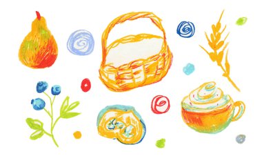 Karalamalardaki beyaz izole edilmiş arka plan üzerine bir dizi Şükran Günü balmumu çizimleri. Yapıştırmalar için tasarlanmış, desenli, sonbahar, parlak renkli el yazmaları çocuk tarzında pastel resimler çizilmiş..