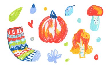 Karalamalardaki beyaz izole edilmiş arka plan üzerine bir dizi Şükran Günü balmumu çizimleri. Yapıştırmalar için tasarlanmış, desenli, sonbahar, parlak renkli el yazmaları çocuk tarzında pastel resimler çizilmiş..