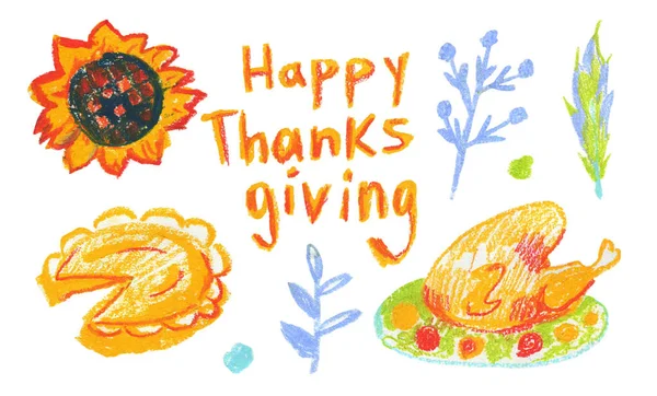 Set of Thanksgiving wax illustrations on white isolated background in doodle.A collection of textured,autumn,brightly colored hand drawn oil pastel pictures in a children\'s style.Designs for stickers.