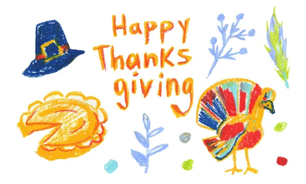 Set of Thanksgiving wax illustrations on white isolated background in doodle.A collection of textured,autumn,brightly colored hand drawn oil pastel pictures in a children\'s style.Designs for stickers.