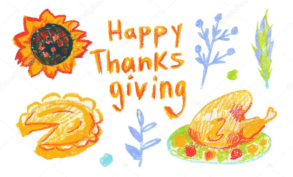 Set of Thanksgiving wax illustrations on white isolated background in doodle.A collection of textured,autumn,brightly colored hand drawn oil pastel pictures in a children's style.Designs for stickers.