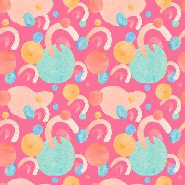 Karalamalarda pembe arkaplanda soyut lekeler olan suluboya desensiz desen. Desenli, parlak, çocuk tarzında şekillerle yazdırılmış. Kumaş, ambalaj kağıdı, tekstil, duvar kağıdı,.