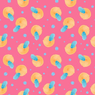 Karalamalarda pembe arkaplanda soyut lekeler olan suluboya desensiz desen. Desenli, parlak, çocuk tarzında şekillerle yazdırılmış. Kumaş, ambalaj kağıdı, tekstil, duvar kağıdı,.