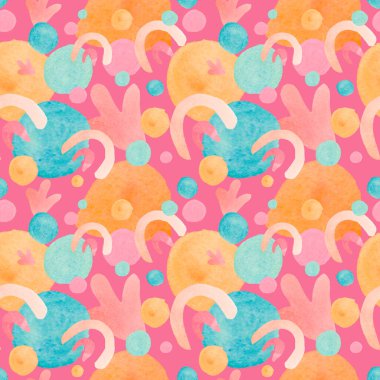 Karalamalarda pembe arkaplanda soyut lekeler olan suluboya desensiz desen. Desenli, parlak, çocuk tarzında şekillerle yazdırılmış. Kumaş, ambalaj kağıdı, tekstil, duvar kağıdı,.