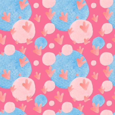 Karalamalarda pembe arkaplanda soyut lekeler olan suluboya desensiz desen. Desenli, parlak, çocuk tarzında şekillerle yazdırılmış. Kumaş, ambalaj kağıdı, tekstil, duvar kağıdı,.