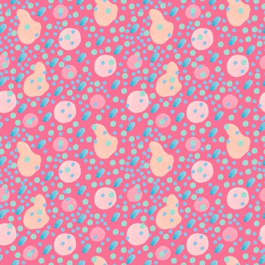 Karalamalarda pembe arkaplanda soyut lekeler olan suluboya desensiz desen. Desenli, parlak, çocuk tarzında şekillerle yazdırılmış. Kumaş, ambalaj kağıdı, tekstil, duvar kağıdı,.