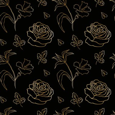 Karalamalarda siyah zemin üzerinde altın yaban çiçekleri olan vektörsüz desen. Yapısal, botanik, el yazısı baskısı. Kumaş, ambalaj kağıdı, tekstil, duvar kağıdı için tasarım..
