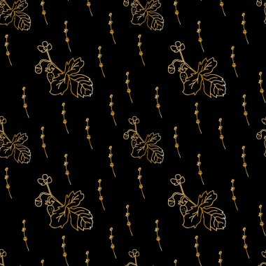 Karalamalarda siyah zemin üzerinde altın yaban çiçekleri olan vektörsüz desen. Yapısal, botanik, el yazısı baskısı. Kumaş, ambalaj kağıdı, tekstil, duvar kağıdı için tasarım..