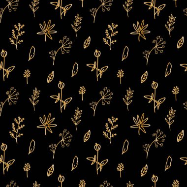 Karalamalarda siyah zemin üzerinde altın yaban çiçekleri olan vektörsüz desen. Yapısal, botanik, el yazısı baskısı. Kumaş, ambalaj kağıdı, tekstil, duvar kağıdı için tasarım..