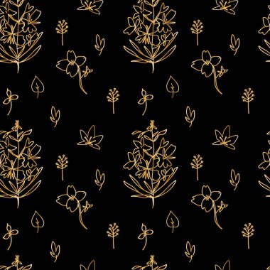 Karalamalarda siyah zemin üzerinde altın yaban çiçekleri olan vektörsüz desen. Yapısal, botanik, el yazısı baskısı. Kumaş, ambalaj kağıdı, tekstil, duvar kağıdı için tasarım..