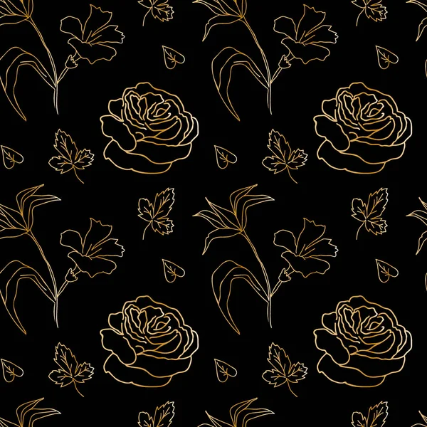 Vector Naadloos Patroon Met Goud Wilde Bloemen Zwarte Achtergrond Doodle — Stockvector