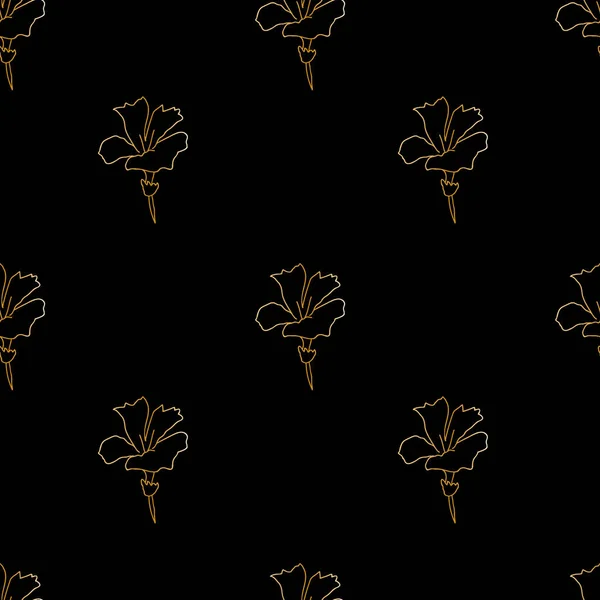 Векторный Бесшовный Узор Золотыми Полевыми Цветами Черном Фоне Стиле Doodle — стоковый вектор