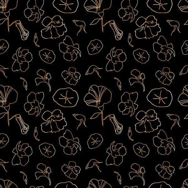 Vector Nahtloses Muster Mit Goldenen Wildblumen Auf Schwarzem Hintergrund Kritzeln — Stockvektor