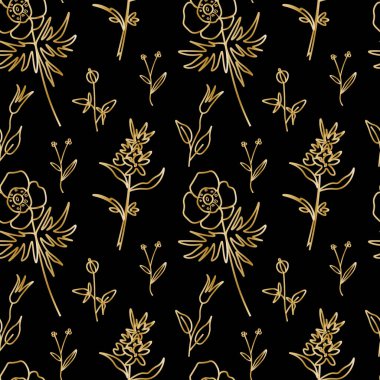 Karalamalarda siyah zemin üzerinde altın yaban çiçekleri olan vektörsüz desen. Yapısal, botanik, el yazısı baskısı. Kumaş, ambalaj kağıdı, tekstil, duvar kağıdı için tasarım..