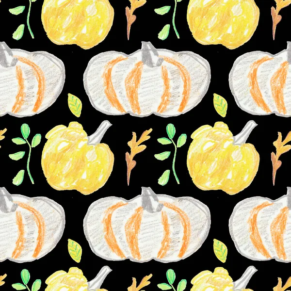 Seamless Pattern Fall Pumpkins Drawn Child Wax Crayons Black Background — Stock Photo, Image