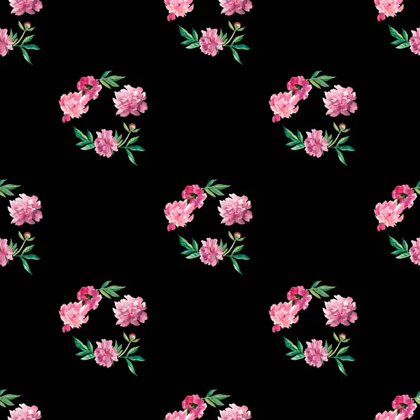 Watercolor Seamless Pattern Pink Peonies Black Background Spring Botanical Floral — Stock Photo, Image