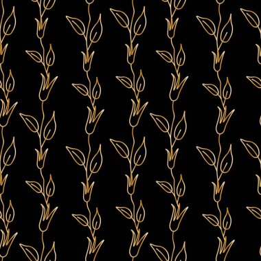 Siyah yalıtılmış arka planda kusursuz altın desenli çiçek deseni. Bahar, soyut, botanik baskı el boyası. Albüm, ambalaj, ambalaj kağıdı, sosyal medya, tekstil, kumaş tasarımları..