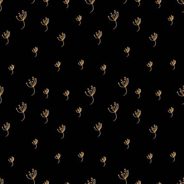 Siyah yalıtılmış arka planda kusursuz altın desenli çiçek deseni. Bahar, soyut, botanik baskı el boyası. Albüm, ambalaj, ambalaj kağıdı, sosyal medya, tekstil, kumaş tasarımları..