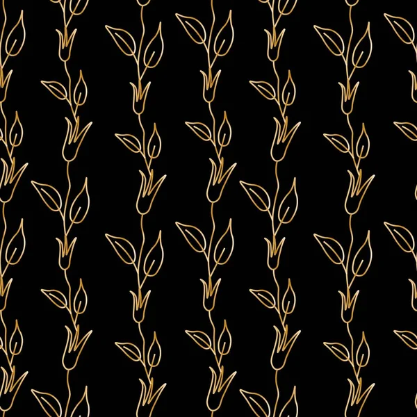 Vektor Sömlös Guld Blommönster Svart Isolerad Bakgrund Våren Abstrakt Botanisk — Stock vektor