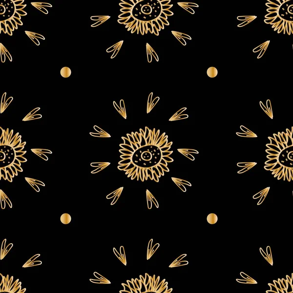 Patrón Floral Oro Sin Costura Vectorial Sobre Fondo Negro Aislado — Vector de stock