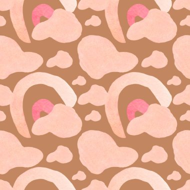 Soyut suluboya hippi izole edilmiş arka planda kusursuz desen. 70 'li yaşlarda, desenli, lekeli ve el boyası şekilli. Tekstil, kumaş, ambalaj kağıdı, ambalaj, yapıştırma kitabı tasarımları.