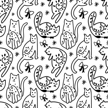 Paskalya 'da kedi yavruları için kusursuz siyah-beyaz vektör deseni. Karalama tarzında şeffaf arkaplanda tekrarlanan süs. Paket kağıdı, kumaş, ambalaj, tekstil, duvar kağıdı için tasarım.  