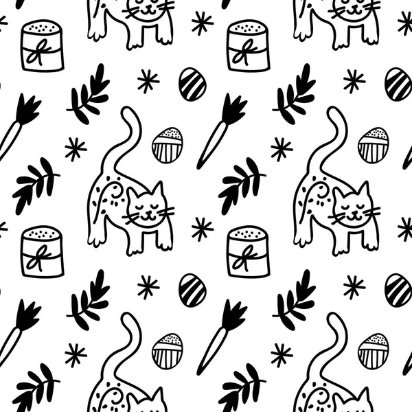没有缝隙的黑白矢量图案复活节与小猫 在透明的背景上重复装饰涂鸦风格 包装纸 纺织品 墙纸的设计 — 图库矢量图片