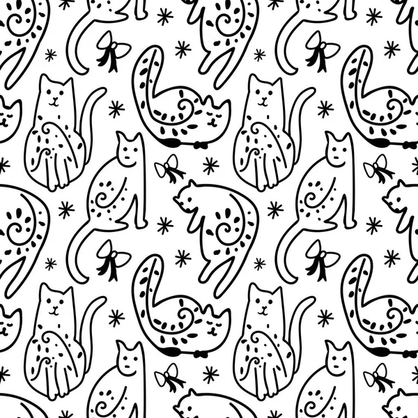 子猫とイースターのためのシームレスな黒と白のベクトルパターン ドアスタイルの透明背景に装飾を繰り返します 包装紙 壁紙のためのデザイン — ストックベクタ
