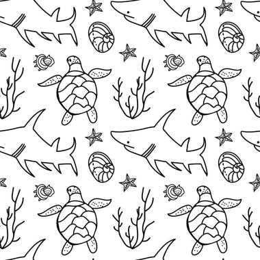 Su altı dünyaları ile kusursuz siyah-beyaz model vektör. Deniz piyadesi karalama tarzında şeffaf arka planda süsleme yapıyor. Paket kağıdı, kumaş, ambalaj, tekstil, duvar kağıdı için tasarım.