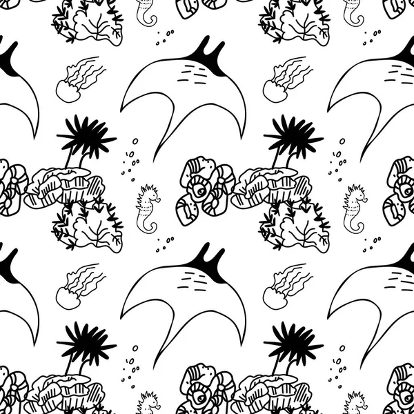 Seamless vector black and white pattern with underwater worlds. Marine repeating ornament on transparent background in doodle style. Design for wrapping paper, fabric, packaging, textiles, wallpaper.