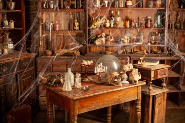 Cadılar Bayramı arkaplan rafları simya aletleriyle Kafatası örümcek ağı şişesi zehirli mumlarla cadıların çalışma odası