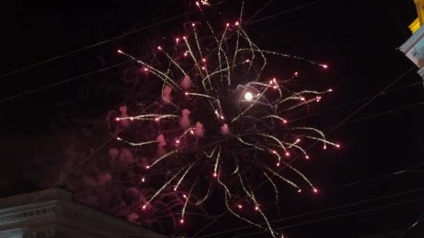Feuerwerk. Feiertagsfeier. Buntes Feuerwerk in der Urlaubsnacht. Heiligabend in der Stadt — Stockvideo