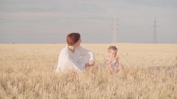 Дружелюбная семья в природе. Эмоциональный портрет счастливая и веселая красивая молодая мать и маленькая милая дочь, сидящая на сельскохозяйственном поле — стоковое видео