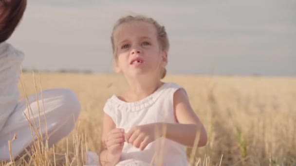Barátságos szerető család a természetben. Érzelmi portré boldog és vidám gyönyörű fiatal anya és kis aranyos lánya ül mezőgazdasági területen — Stock videók