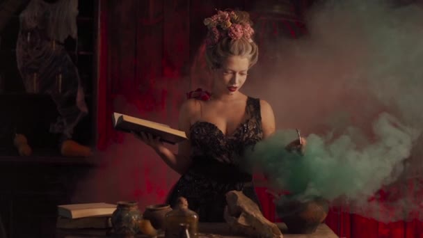 Bruja de Halloween con caldero y libro de magia. Hermosa mujer joven conjurando, haciendo brujería — Vídeos de Stock