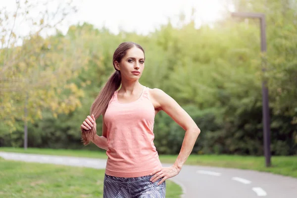 Beautiful Athletic Woman Standing Running Track Summer Park Portrait Caucasian — Stock Photo, Image