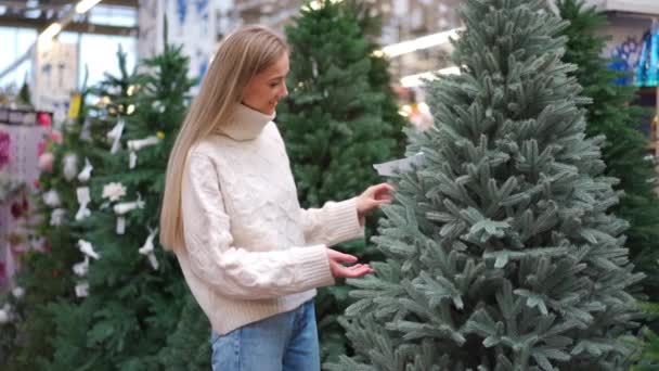 Weihnachtseinkäufe. Frauen wählen einen künstlichen Weihnachtsbaum, der sie auf dem traditionellen Weihnachtsmarkt berührt. Kaukasische Weibchen auf der Suche nach dem perfekten Weihnachtsbaum, den sie im Baumshop kaufen können. — Stockvideo